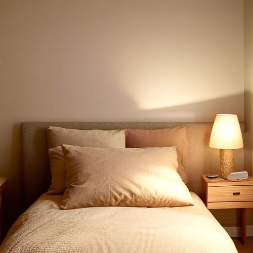 A cozy and tastefully decorated bedroom with warm lighting, a plush bed with pastel-colored linens, a wooden nightstand with a reading lamp, and a window providing natural light