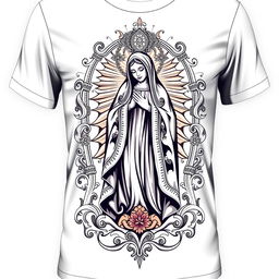 A detailed and elegant design of a t-shirt featuring Nossa Senhora Aparecida