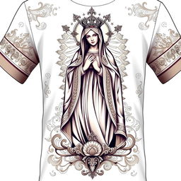 A detailed and elegant design of a t-shirt featuring Nossa Senhora Aparecida