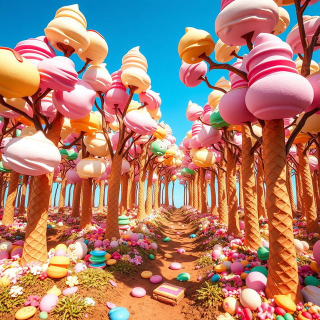 A whimsical forest made entirely of ice cream cones, with trees that have ice cream scoops instead of leaves