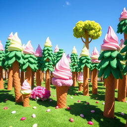 A whimsical forest made entirely of ice cream cones, with trees that have ice cream scoops instead of leaves