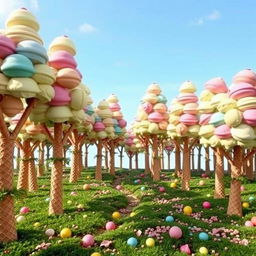 A whimsical forest made entirely of ice cream cones, with trees that have ice cream scoops instead of leaves