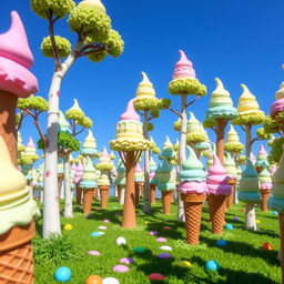 A whimsical forest made entirely of ice cream cones, with trees that have ice cream scoops instead of leaves