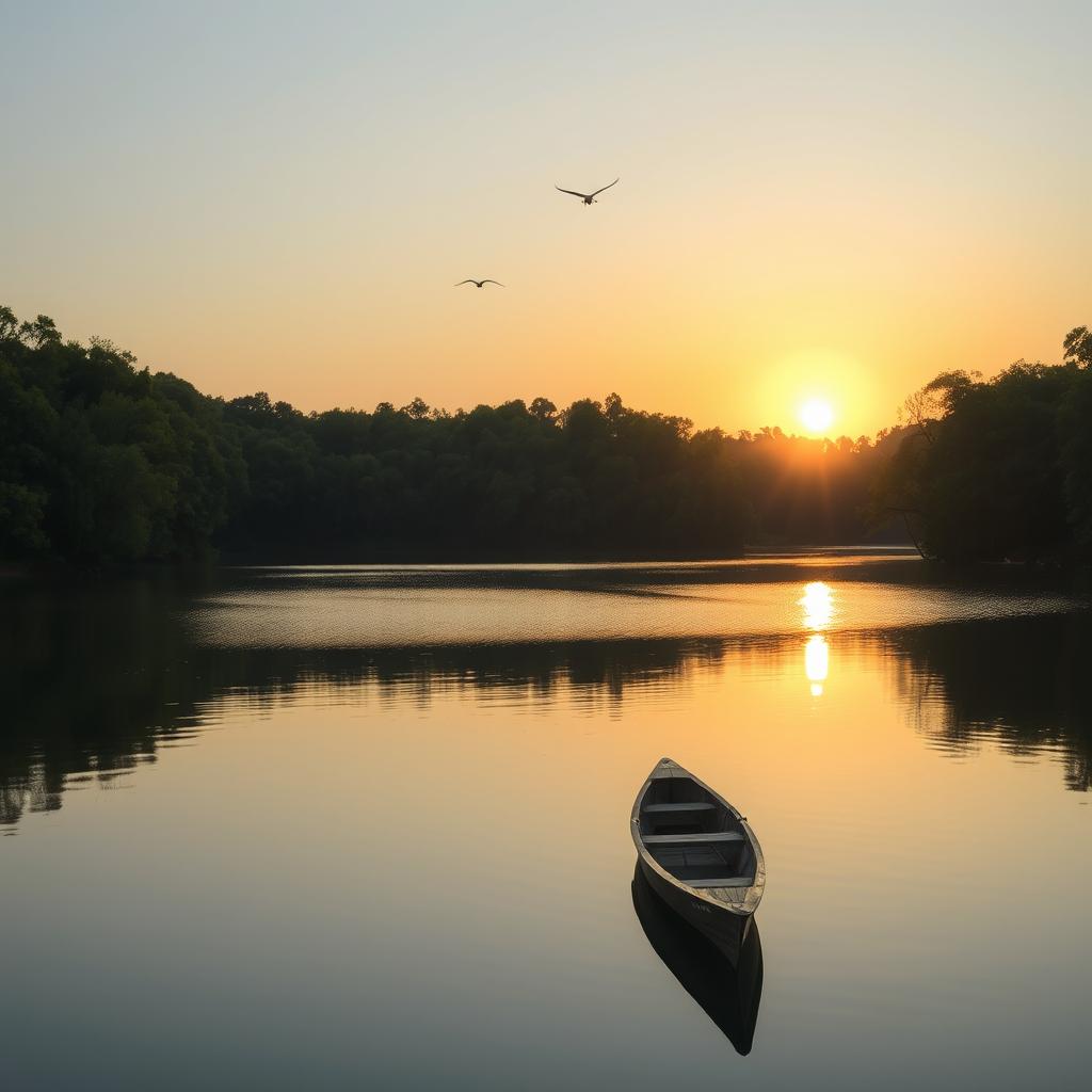 A serene landscape featuring a calm lake surrounded by lush green trees and a clear blue sky