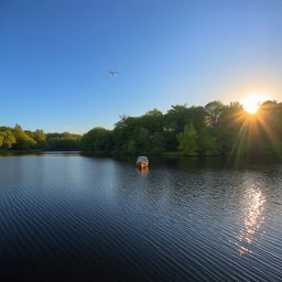 A serene landscape featuring a calm lake surrounded by lush green trees and a clear blue sky