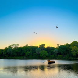 A serene landscape featuring a calm lake surrounded by lush green trees and a clear blue sky