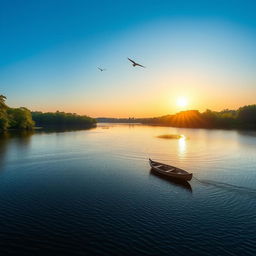 A serene landscape featuring a calm lake surrounded by lush green trees and a clear blue sky