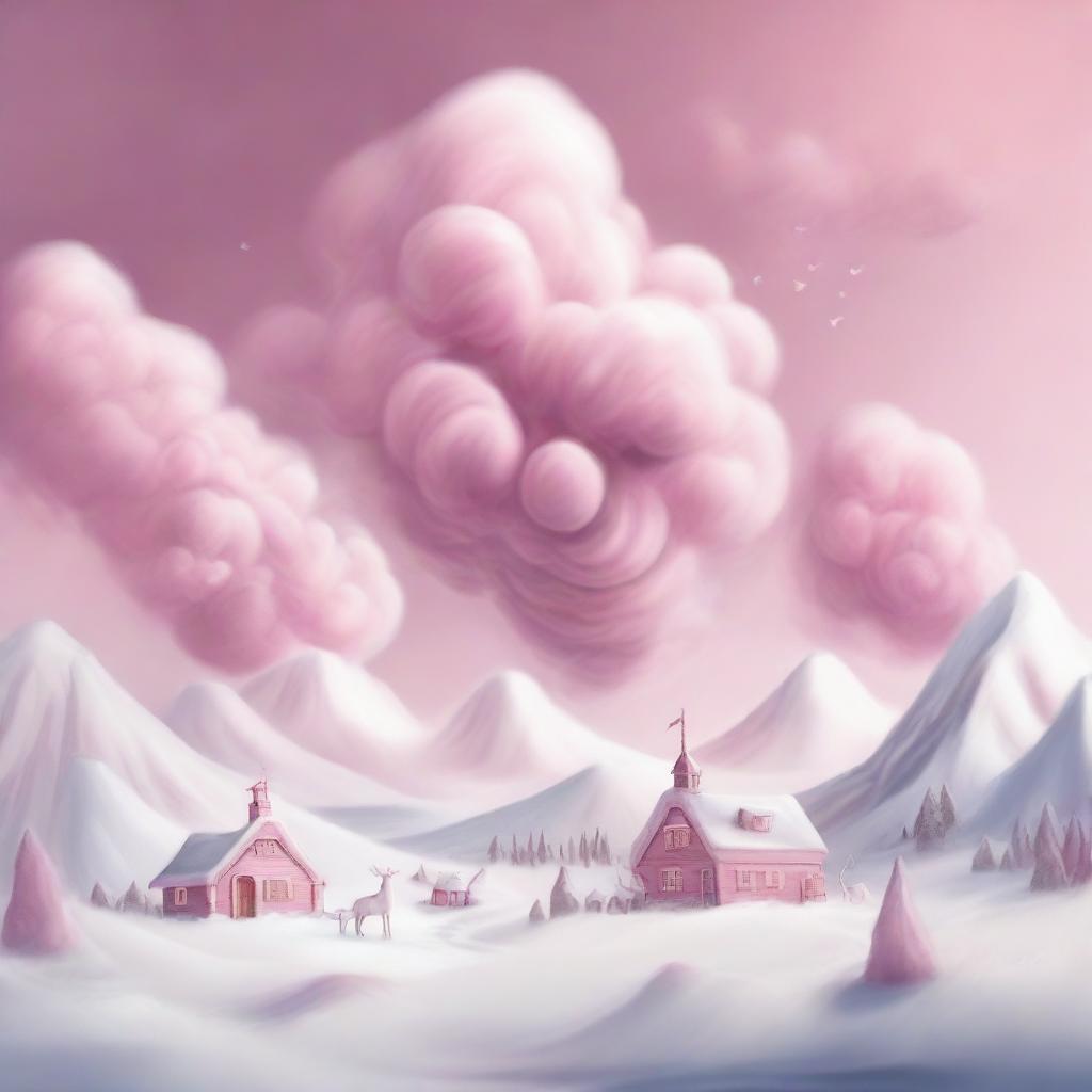 A pencil drawing of the North Pole with pink marshmallow clouds in the sky