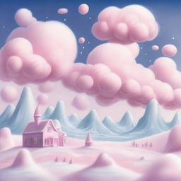 A pencil drawing of the North Pole with pink marshmallow clouds in the sky