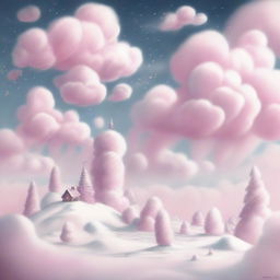 A pencil drawing of the North Pole with pink marshmallow clouds in the sky