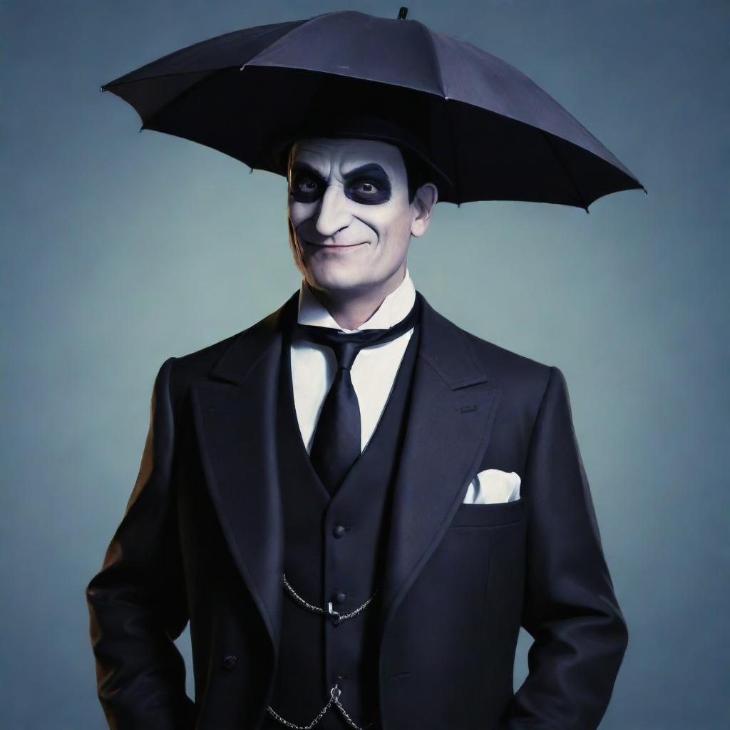 A crossover image featuring Oswald Cobblepot, the character from Gotham, stylized as a character in the videogame Team Fortress Two. He maintains his characteristic tuxedo, monocle, and umbrella.