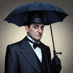 A crossover image featuring Oswald Cobblepot, the character from Gotham, stylized as a character in the videogame Team Fortress Two. He maintains his characteristic tuxedo, monocle, and umbrella.