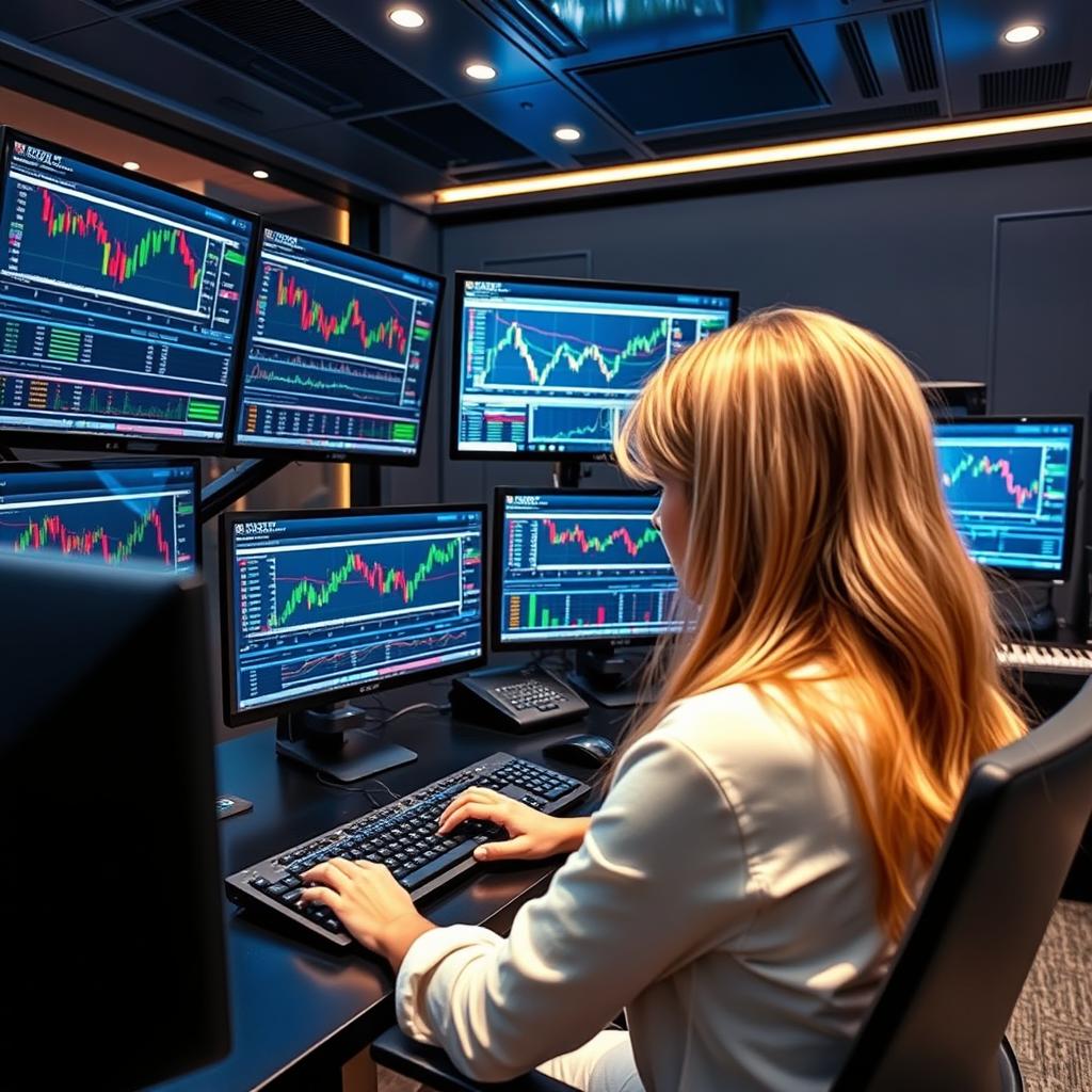 A blonde girl working on an expensive trading setup with four PCs and two TVs