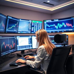 A blonde girl working on an expensive trading setup with four PCs and two TVs