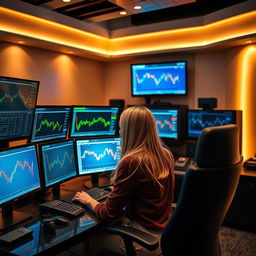 A blonde girl working on an expensive trading setup with four PCs and two TVs