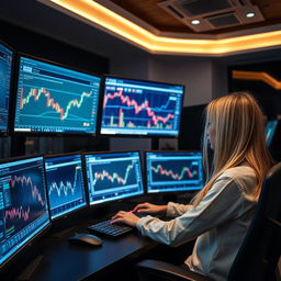 A blonde girl working on an expensive trading setup with four PCs and two TVs