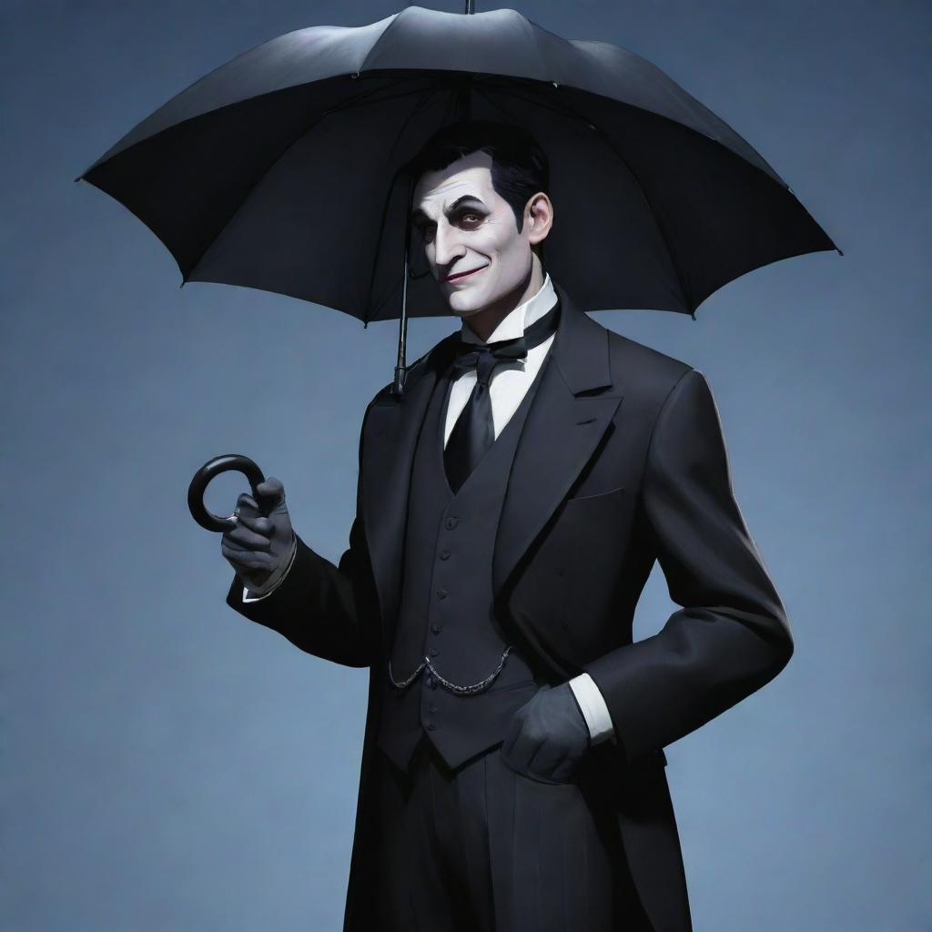 A crossover image featuring Oswald Cobblepot, the character from Gotham, stylized as a character in the videogame Team Fortress Two. He maintains his characteristic tuxedo, monocle, and umbrella.