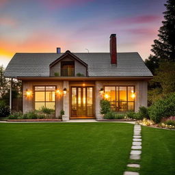 A beautiful, cozy home at sunset with lush green surroundings and welcoming warm lights pouring out of the windows.