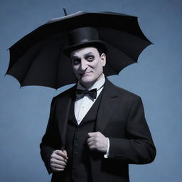 A crossover image featuring Oswald Cobblepot, the character from Gotham, stylized as a character in the videogame Team Fortress Two. He maintains his characteristic tuxedo, monocle, and umbrella.