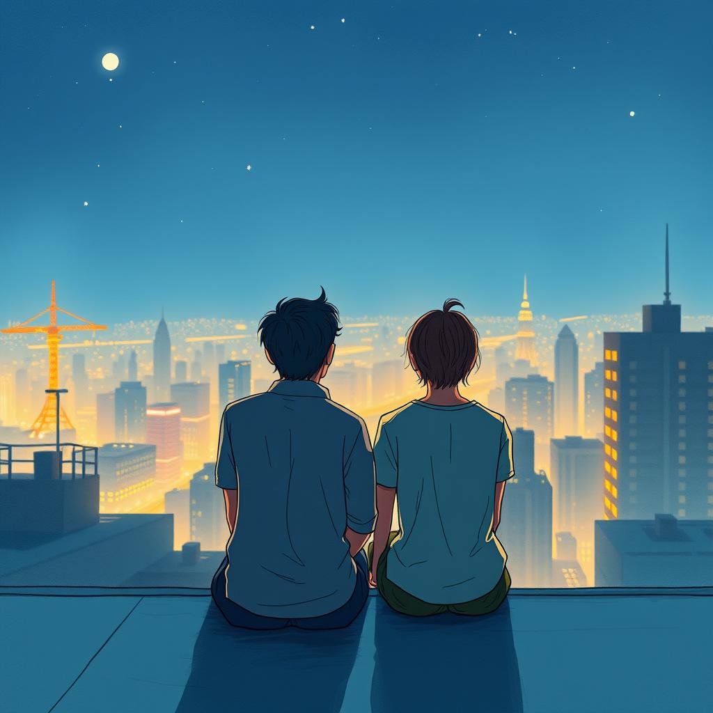 Create a book cover illustration featuring two people sitting on a rooftop, gazing at the city lights