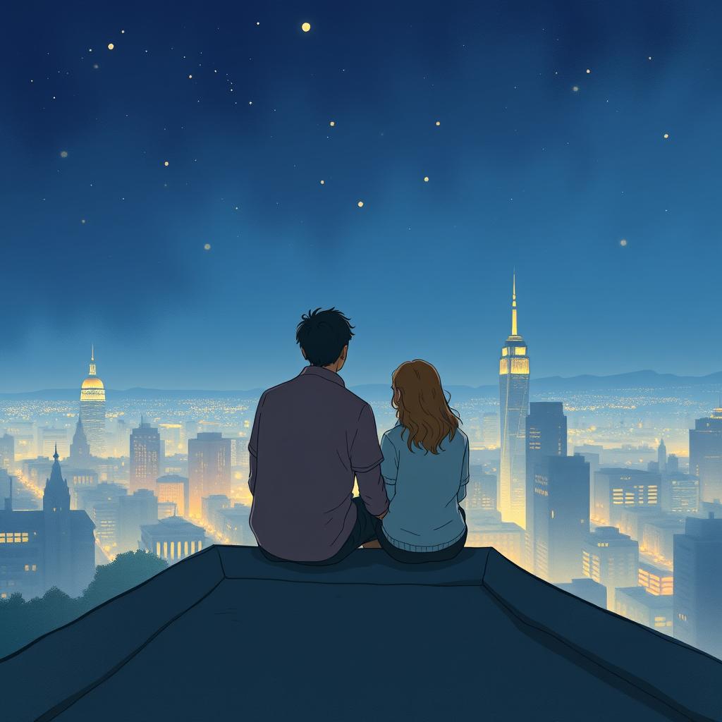 Create a book cover illustration featuring two people sitting on a rooftop, gazing at the city lights