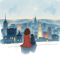 Create a book cover illustration featuring two people sitting on a rooftop, gazing at the city lights