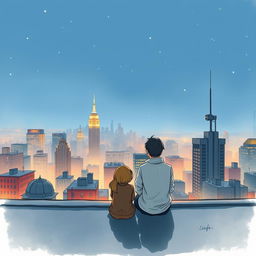 Create a book cover illustration featuring two people sitting on a rooftop, gazing at the city lights