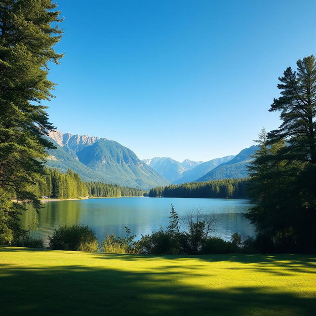 A serene landscape featuring a calm lake surrounded by lush green trees and mountains in the background under a clear blue sky