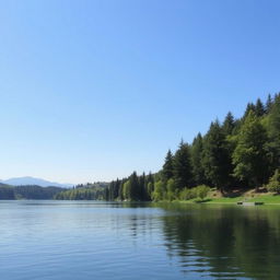 A serene landscape featuring a calm lake surrounded by lush green trees and mountains in the background under a clear blue sky