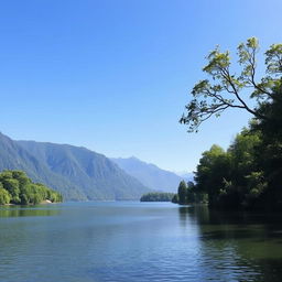 A serene landscape featuring a calm lake surrounded by lush green trees and mountains in the background under a clear blue sky