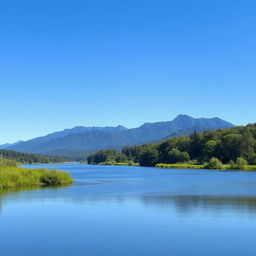 A serene landscape featuring a calm lake surrounded by lush green trees and mountains in the background under a clear blue sky