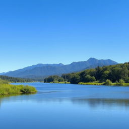 A serene landscape featuring a calm lake surrounded by lush green trees and mountains in the background under a clear blue sky