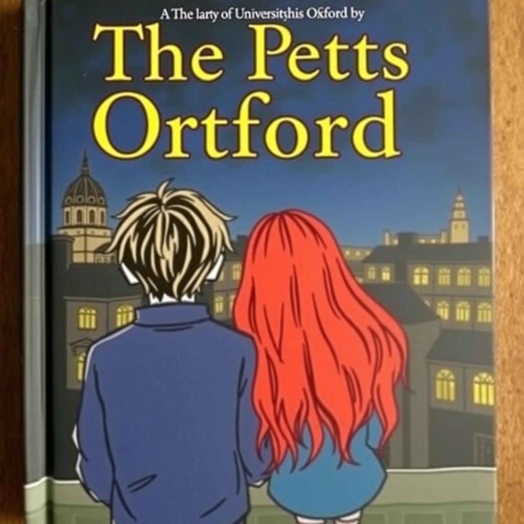 A book cover featuring two people from behind, a boy with slightly long, wavy hair, and next to him a girl with very long, red hair who is a head and a half shorter than him