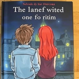 A book cover featuring two people from behind, a boy with slightly long, wavy hair, and next to him a girl with very long, red hair who is a head and a half shorter than him