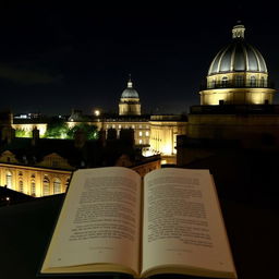 A book cover without any text, showing a night view from a rooftop with the lights on at Oxford University