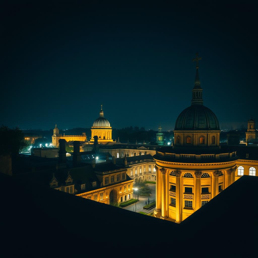 A book cover without any text, showing a night view from a rooftop with the lights on at Oxford University