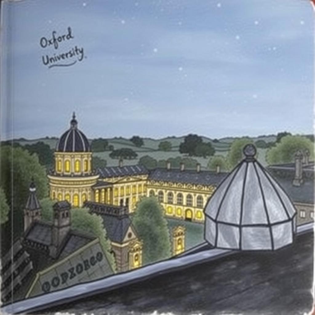 A book cover without any text, showing a night view from a rooftop with the lights on at Oxford University in a drawing style