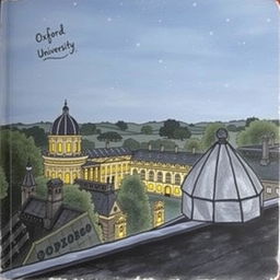 A book cover without any text, showing a night view from a rooftop with the lights on at Oxford University in a drawing style