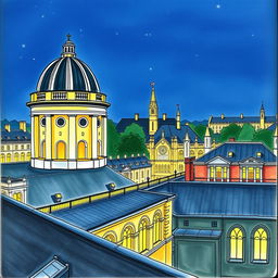 A book cover without any text, showing a night view from a rooftop with the lights on at Oxford University in a drawing style