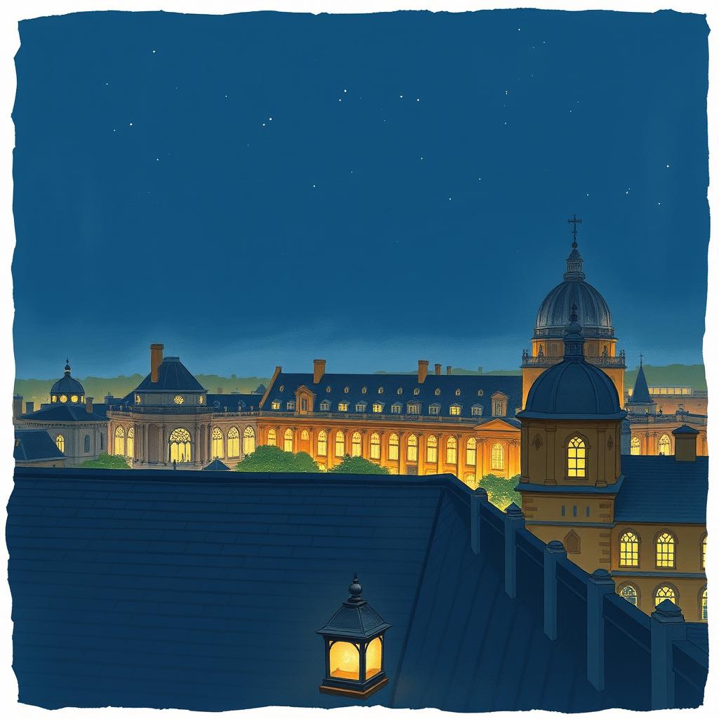 A book cover without any text, showing a night view from a rooftop with the lights on at Oxford University in a drawing style