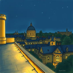 A book cover without any text, showing a night view from a rooftop with the lights on at Oxford University in a drawing style