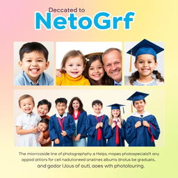 A vibrant and cheerful poster dedicated to NetoGrf, a photographer specializing in capturing moments of children, families, and graduation albums for schoolchildren