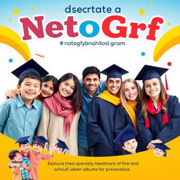 A vibrant and cheerful poster dedicated to NetoGrf, a photographer specializing in capturing moments of children, families, and graduation albums for schoolchildren