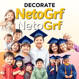 A vibrant and cheerful poster dedicated to NetoGrf, a photographer specializing in capturing moments of children, families, and graduation albums for schoolchildren