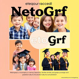 A vibrant and cheerful poster dedicated to NetoGrf, a photographer specializing in capturing moments of children, families, and graduation albums for schoolchildren