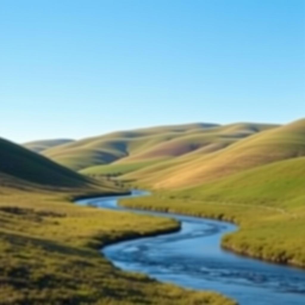 Create an image of a serene landscape with rolling hills, a clear blue sky, and a gentle river flowing through the scene