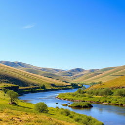 Create an image of a serene landscape with rolling hills, a clear blue sky, and a gentle river flowing through the scene