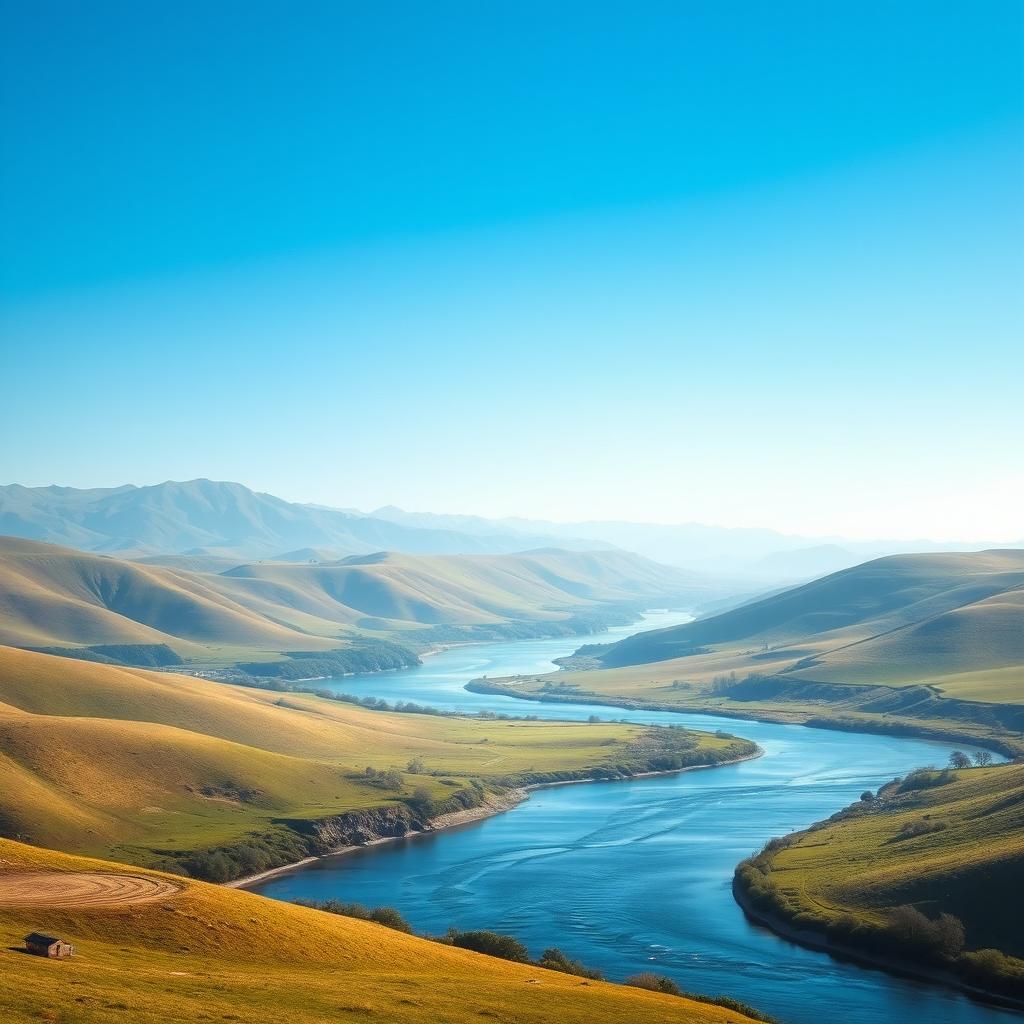 Create an image of a serene landscape with rolling hills, a clear blue sky, and a gentle river flowing through the scene