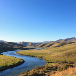 Create an image of a serene landscape with rolling hills, a clear blue sky, and a gentle river flowing through the scene