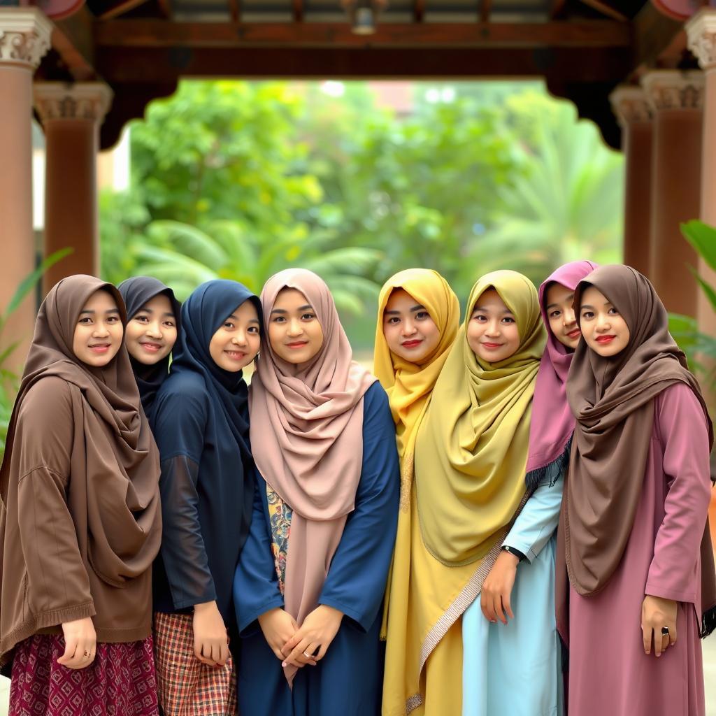 A group of Muslim women wearing traditional attire, including hijabs and abayas, standing together in a supportive and friendly atmosphere